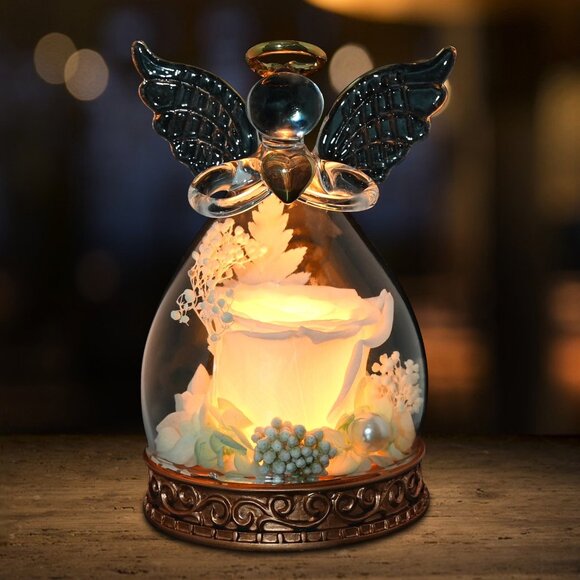 Real Preserved Rose Guardian Angel Glass Dome Copper Plated Base with LED Light - Picture 6 of 13